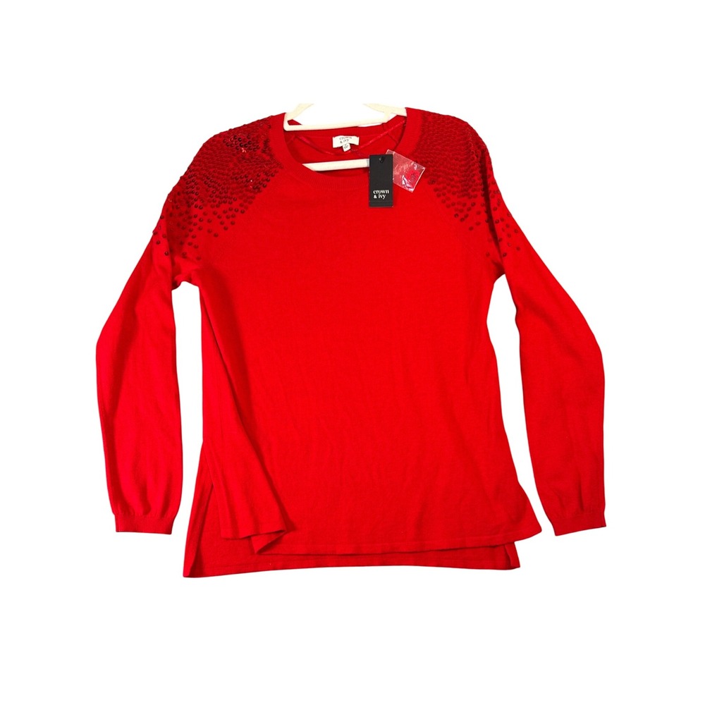 Crown &‎ Ivy Red Sequin Shoulder Long Sleeve Sweater Top Women's Medium Glam